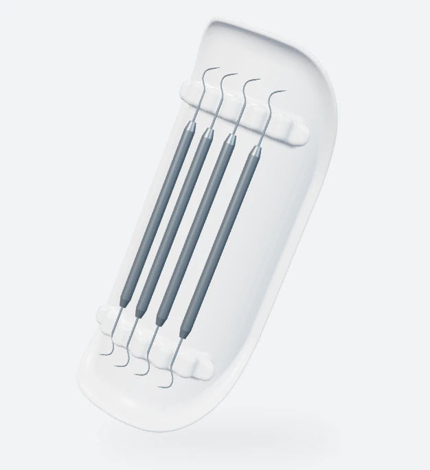 ErgoTray with four dental instruments resting on its surface.